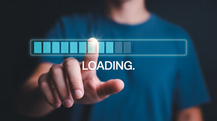 Loading bar concept with finger touching screen for download progress and data transfer online now
