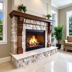 Modern stone fireplace with wooden mantelpiece