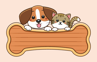 Cute dog and cat are lying on a wooden board for a pet shop logo business