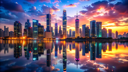 Fototapeta premium Cinematic skyscraper skyline with futuristic neon glowing lights 