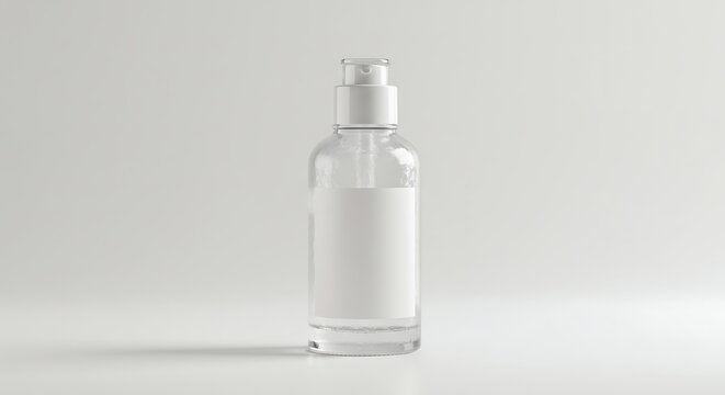 Transparent cosmetic pump bottle with a blank white label for product branding and mockup design