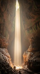Sunlight Beam Illuminating Cave Interior, Natural Light Phenomenon.