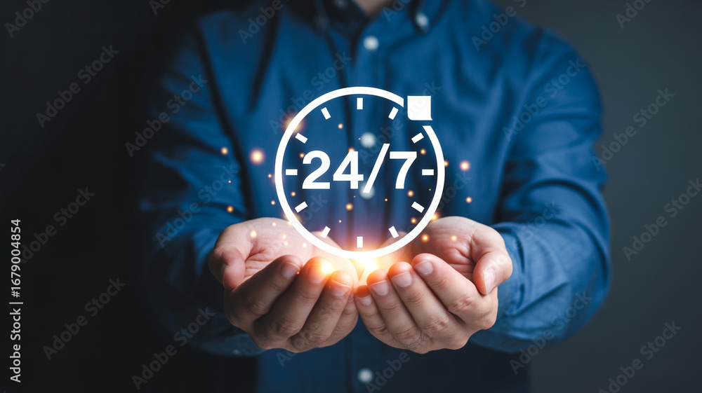 Aufkleber hour service availability concept with hands holding clock online support open hours business suppor