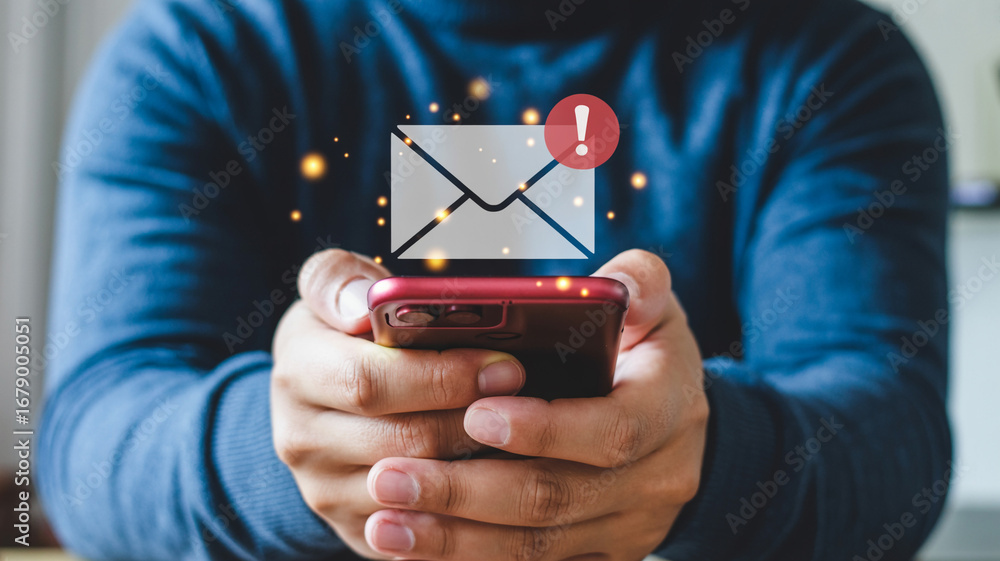 Aufkleber email notification on mobile phone concept for new message inbox spam alert and business communicati