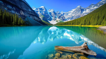 A stunning mountain lake with turquoise water, surrounded by snow-capped peaks and evergreen forests, reflecting a clear blue sky
