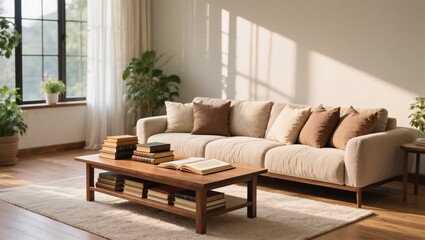 Cozy Living Room With Natural Light, a Comfortable Sofa, and a Wooden Coffee Table Filled With Books