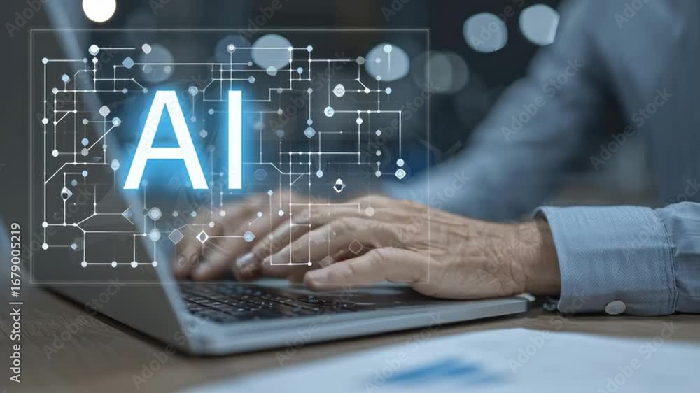 Poster a person types on a laptop, immersed in code for artificial intelligence development. the background