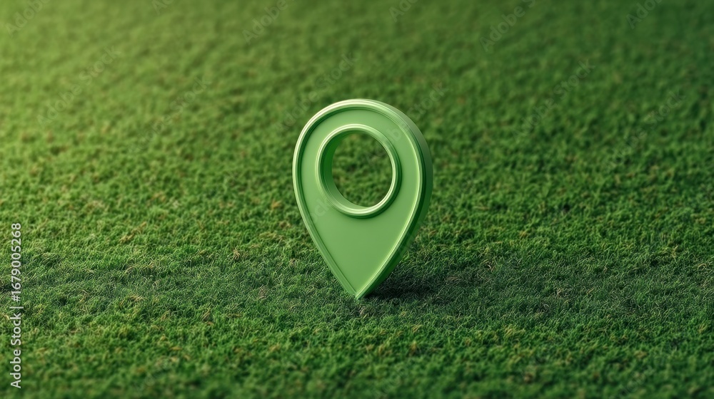 Poster green location pin on grass background for navigation and mapping concepts in nature settings