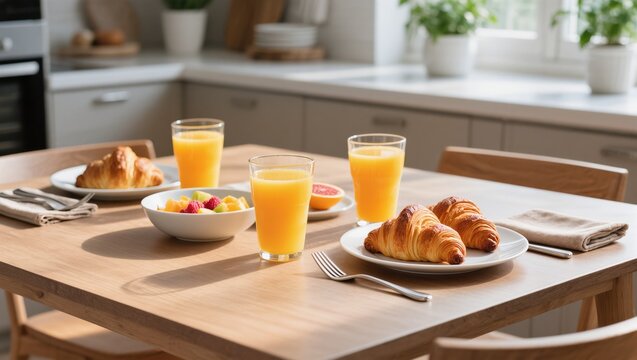 Enjoying a Delightful Breakfast of Croissants and Fresh Juice in a Cozy Kitchen Setting - Powered by Adobe