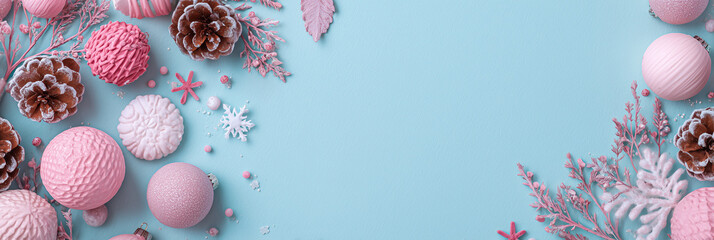 pastel blue aesthetic christmas holiday background with corner decorations: pink baubles, fir cones & little stars; flat lay; copy space