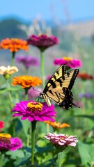 A vibrant butterfly rests on a fuchsia zinnia flower amidst a colorful garden.
