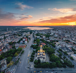 Cityscape aerial view of sea and Varna city center and The Cathedral of the Assumption, Black sea coast Bulgaria
