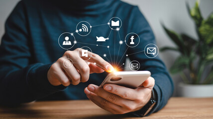 Social media marketing strategy concept man using smartphone with network connection interface online 100