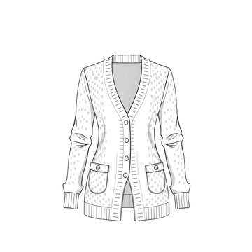 Women's Pointelle Cardigan- Technical fashion illustration. Front, white color. CAD mock-up.