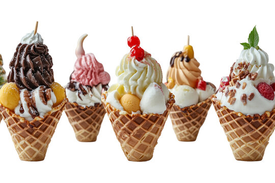 Waffle cone topped with multiple ice cream scoops isolated on transparent background