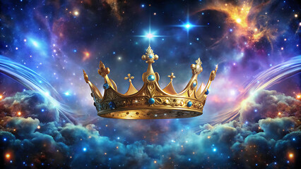 Fantasy glowing crown floating in cosmic background surreal art 