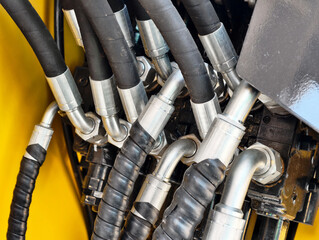 Hydraulic hoses and connections in heavy machinery at a construction site captured in bright daylight
