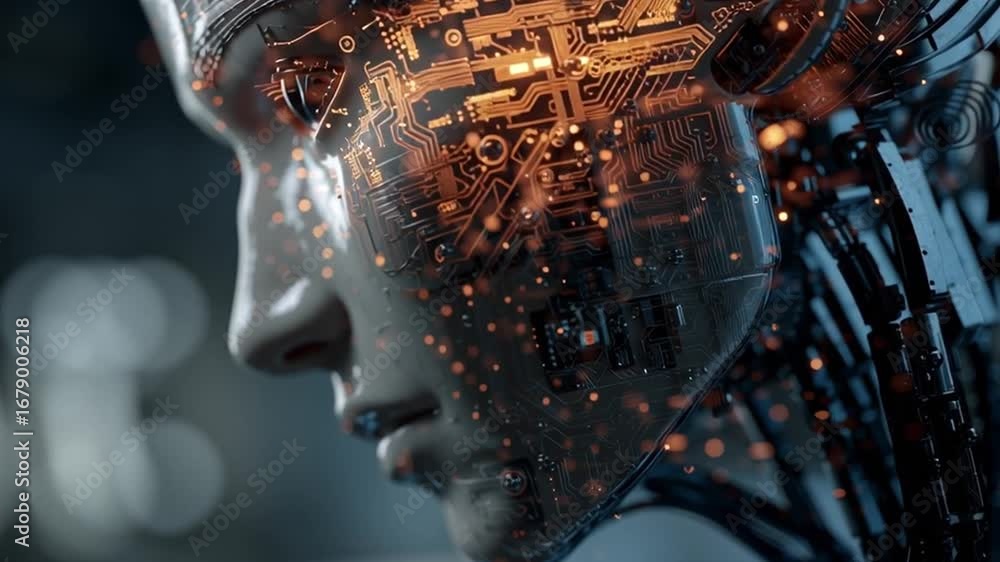 Poster a close-up of a futuristic humanoid figure with advanced neurochips, featuring intricate circuitry a