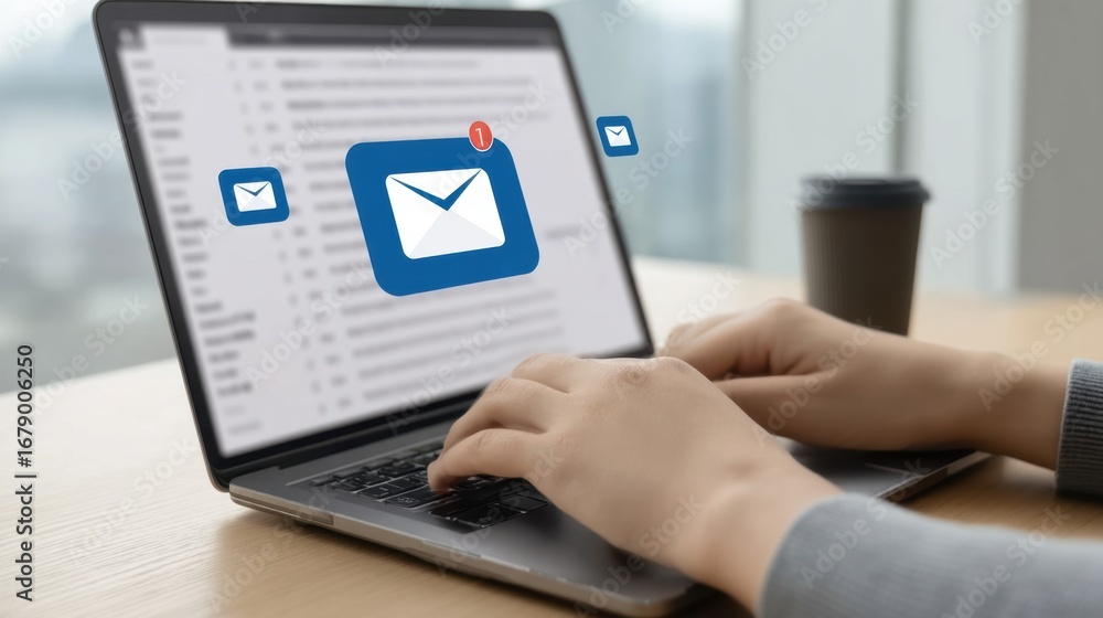Poster hands typing on laptop with email notifications, coffee cup on table and blurred background of digit