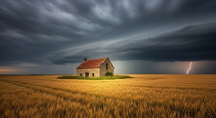 Isolated Stone House in Golden Wheat Field Under Dramatic Storm