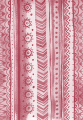 Ethnic abstract striped background. Burgundy raster watercolor ornate backdrop.