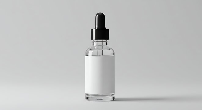 Clear glass bottle with dropper and blank label, isolated on white background.
