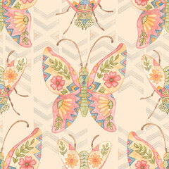Watercolor butterfly seamless pattern on beige background