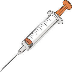 Fototapeta premium A medical syringe with a fine needle and orange plunger filled with liquid on a white background