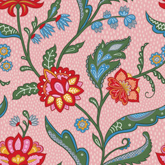Traditional Indian trailing floral pattern. Bohemian flower seamless repeat on pink.