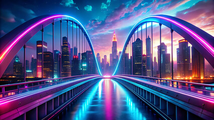 Obraz premium Futuristic glowing bridge stretching into neon city urban night scene 