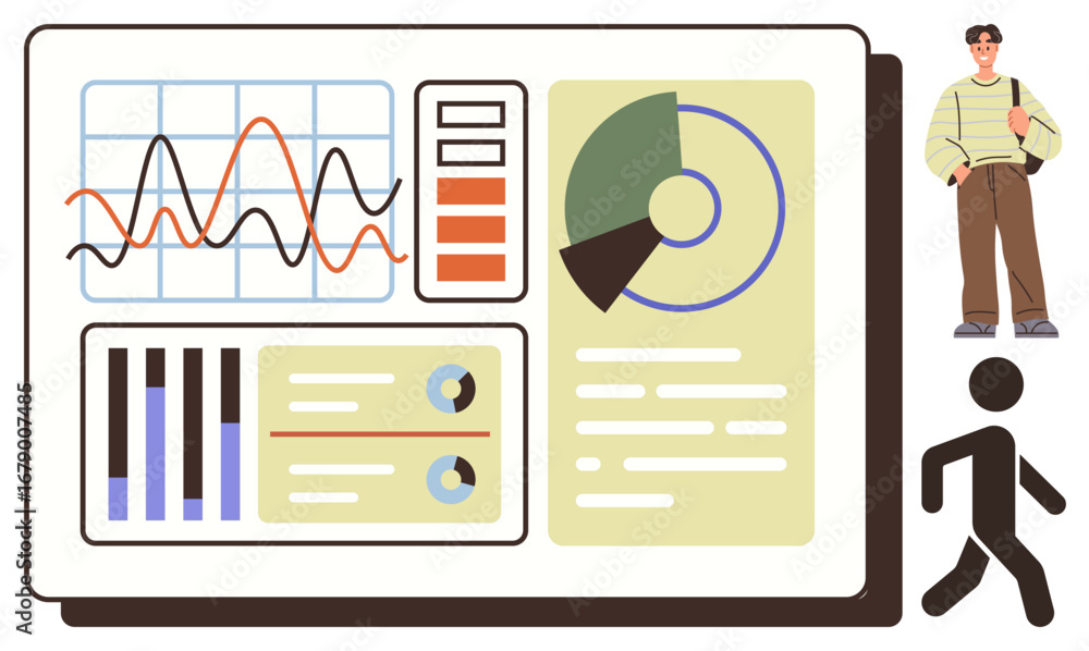 Poster data dashboard with pie chart, line graph, bar chart, and text blocks, alongside person and walking 