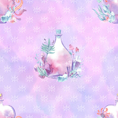 Watercolor seamless pattern with magical poison bottles on mystical background with eyes.