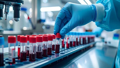 Medical lab worker handling blood samples in a lab setting
