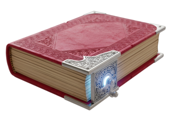 A detailed illustration of a crimson leather-bound book with intricate silver embellishments and a glowing light switch, evoking a sense of mystery and ancient knowledge.