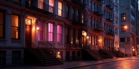 Evening glow of quiet city street with warm lights illuminating vintage buildings in an urban neighborhood