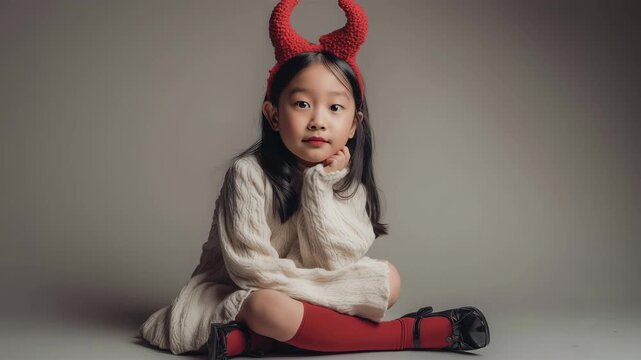 女の子が小悪魔衣装で立つシンプル背景