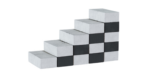 Stairs formed from stacked black and white bricks, isolated on a transparent background. 3D illustration.
