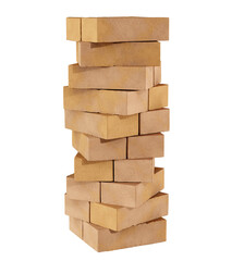 Vertical stack of yellow bricks arranged in spiral formation, isolated on a transparent background. 3D illustration.