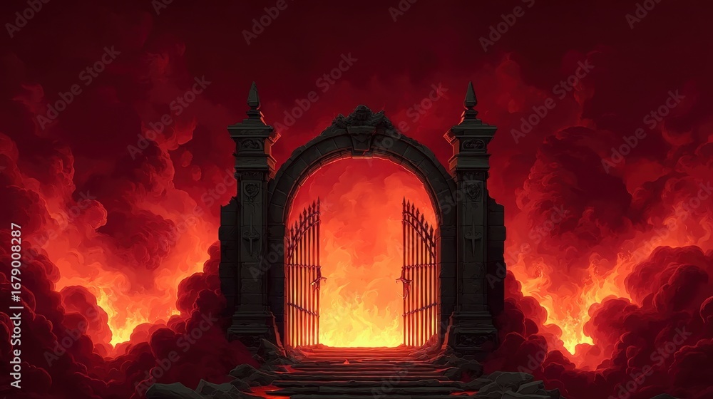 Poster mystical gateway with fiery clouds and dramatic atmosphere leading to unknown realm