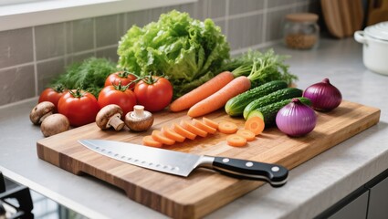 Fresh Vegetables Arranged on a Cutting Board in a Bright Kitchen During Daylight Hours