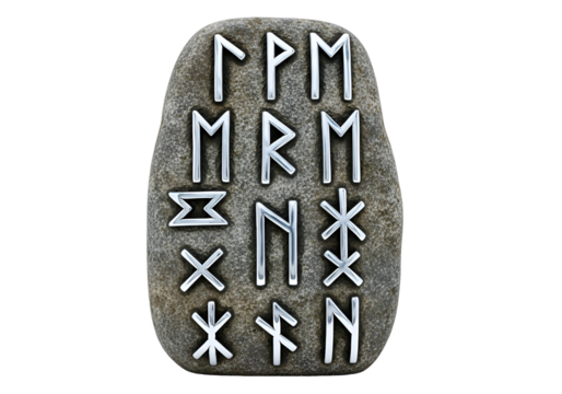 Detailed depiction of runic inscriptions etched onto a stone, showcasing intricate silver-toned symbols against a dark background. - Powered by Adobe
