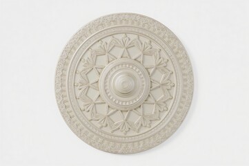 White ceiling medallion, ornate design, studio shot, simple background, home decor