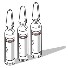 Three medical glass ampoules with blank labels and red markings stand in a row with a shadow on a white background