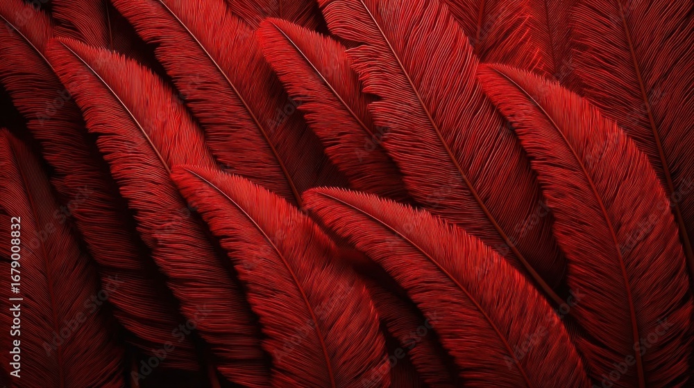 Poster vibrant red feathers displayed in a natural arrangement creating a rich textured background
