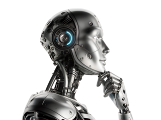 Advanced AI Robot Thinking - Silver Metallic Android with Glowing Blue Eyes and Cybernetic Design