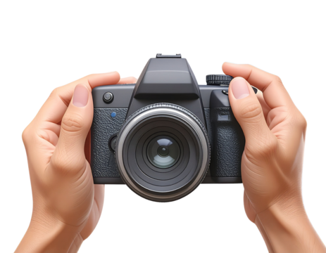 Angled Perspective of Camera in Hands Showing Blank Display, Transparent Background PNG