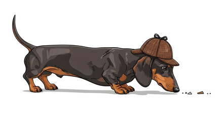 Clever dachshund detective dog investigating clues with sherlock holmes inspired attire