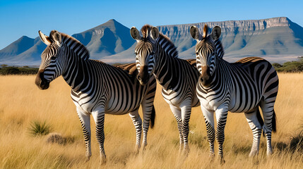 Obraz premium Three cape mountain zebras (Equus zebra zebra) standing in high grass, mountain landscape with table mountains, Mountain Zebra National Park, South Africa