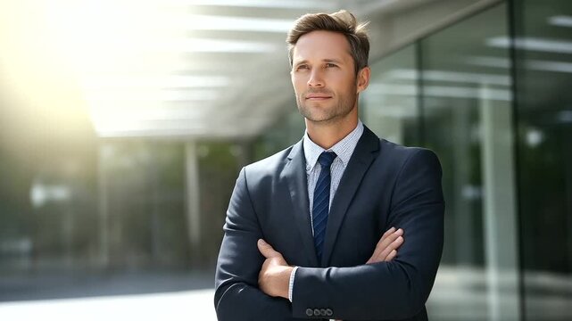 A businessman stands confidently, the assured scene illuminated by gentle sunlight. Businessman, confident, with copy space