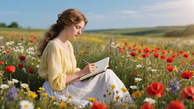Young Woman Writing in a Notebook Surrounded by Colorful Wildflowers on a Sunny Day